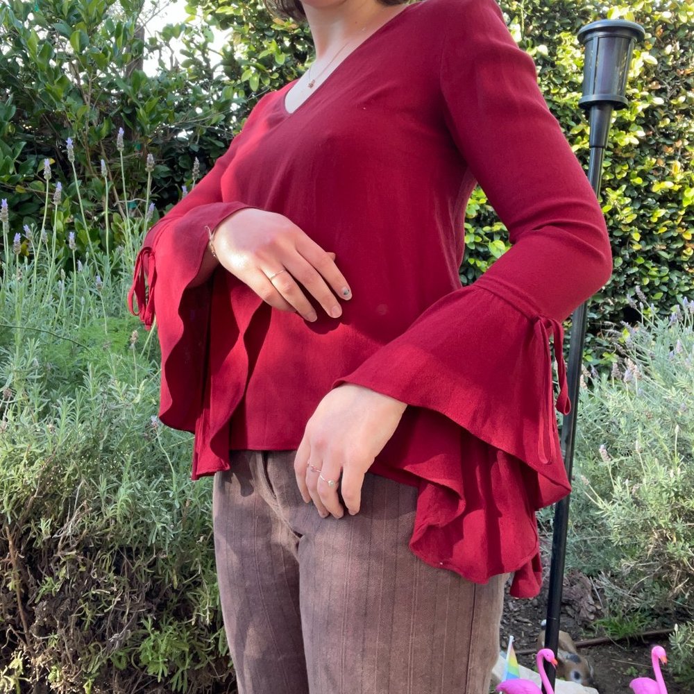 Maroon Bohemian Shirt with Flared Sleeves - XS